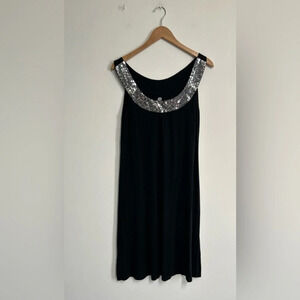 Ninety Women’s Large Black Sleeveless Dress Bling Neckline Stretch Rayon Blend